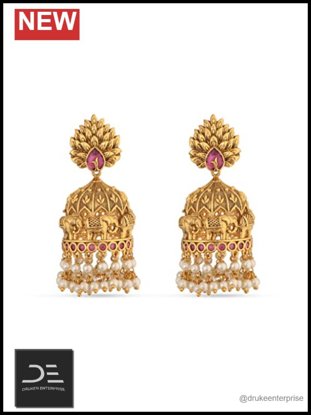 Antique Gold Plated Brass Indian Jhumka Drop Earrings With Red CZ